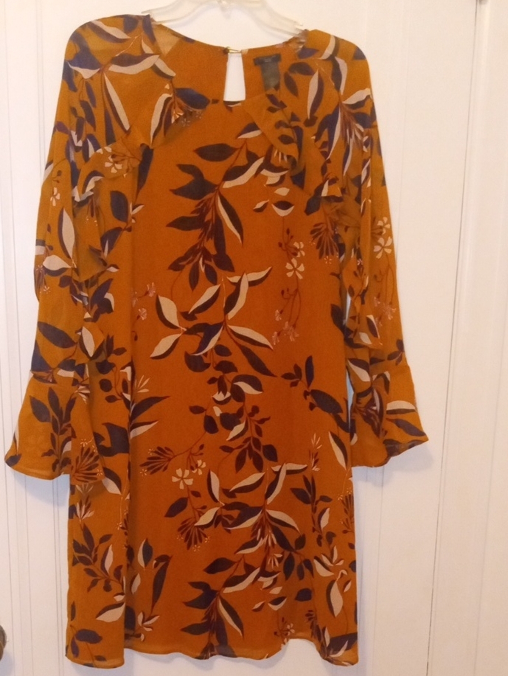 women 14 dress Ann Taylor, mustard yellow with print, sheer sleeves